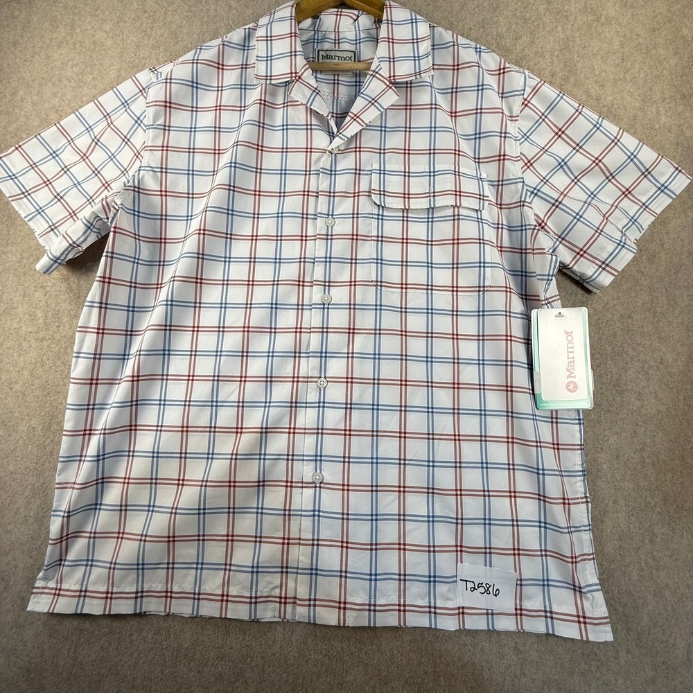 NWT Marmot AirExchange UPF 40 Camp Novelty SS Shirt White Blue Red Plaid Mens L
